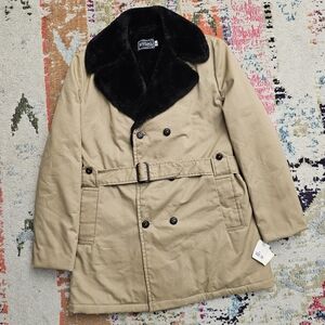 VTG Rydal Womens Size 18 Black Faux Fur Lined Tan Button Trench Coat Waist Tie